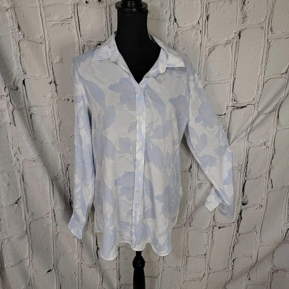 Banana Republic Light Blue White Floral Print‎ Button Down Shirt Blouse Womens L - Picture 1 of 11